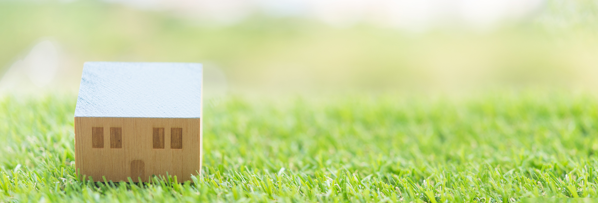 芝生に木の家の置物